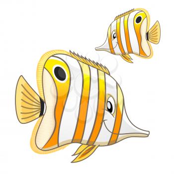 Cartoon bright tropical marine fish with white and yellow stripes and sly smile. Funny copperband butterflyfish or beaked coral fish character for aquarium mascot or t-shirt print design usage
