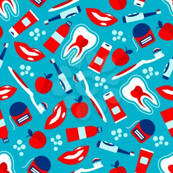Oral hygiene seamless pattern for dentistry and healthcare design usage with healthy teeth and smiles, toothbrushes, toothpastes, dental floss and fresh apples on blue background with bubbles