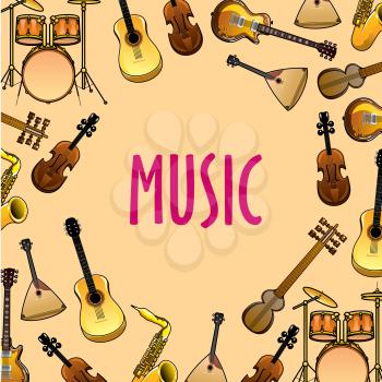 Musical instruments cartoon background for classic or ethnic music concert and entertainment event design with drum sets, acoustic and electric guitars, violins and saxophones, balalaikas and sitars