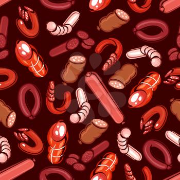 Assortment of meat sausages seamless pattern for butcher shop design with spicy pepperoni and italian salami, smoked frankfurters, beef bologna and blood sausages over dark brown background