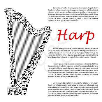 Modern concert harp symbol composed of musical notes and key signatures, treble and bass clefs for music infographics design usage with editable text layout