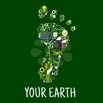 Go green concept symbol of footprint with flat icons of saving energy and recycling signs, light bulbs with leaves, bicycle and electric cars, trees, flowers and plants, solar panel, wind turbine and 