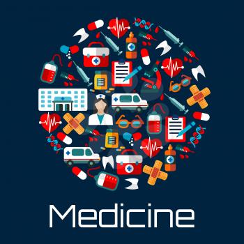 Hospital building, doctor and ambulances, first aid kits, medicine bottles and syringes, hearts, teeth and blood bags, microscopes and DNA, medical examination forms and glasses icons creating a circl
