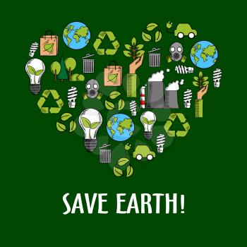 Heart shaped organic ecology icons. Invoking and calling to save it from pollution by using alternative and renewable, natural and ecological energy. Garbage recycling and clean ecosysterm concept