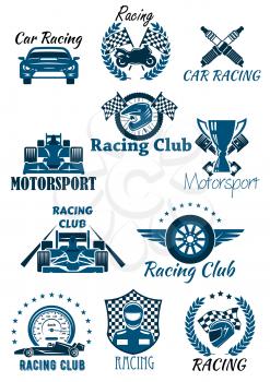 Isolated icons and emblems for racing and motorsport. Cars and racing club, laurel wreath leaves with motorbike and helmet with checkered flag, winner cup or bowl and wheel, speedometer and driver