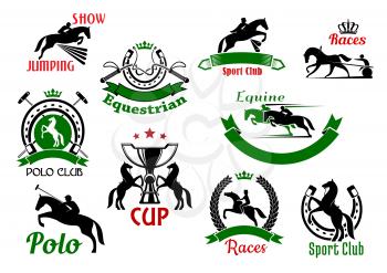 Equestrian or horse racing sport icons. Banners and badges of horse and rider silhouettes jumping over fence or barrier, whips under crown and rearing horses with trophy cup, polo sport club and horse