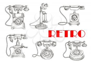 Sketch of retro or vintage telephones with rotary dial and old candlestick, earphone and switchhook. Obsolete and classic technology for communication and talking connected by wire via landline