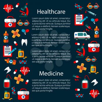 Healthcare and medicine infographic template that includes heart with pulse and tablet or pill, first aid kit and glasses, sticking plaster or adhesive bandage, tooth and DNA, syringe and microscope i