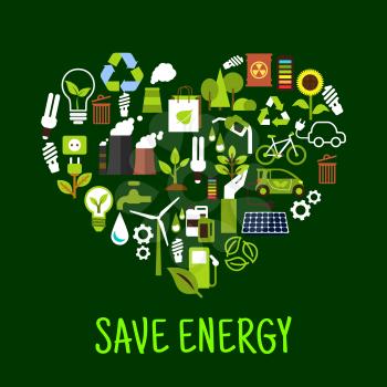 Save energy concept icons in shape of heart. Ecological forest and sunflower and green plant, light bulb and solar energy, eco beg and toxic can, recycle sign made of leaves charged battery.