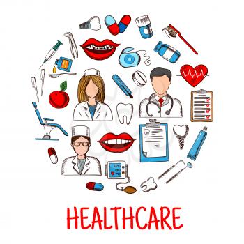 Healthcare colored sketch symbols shaped as circle with doctors and nurse, thermometer and stethoscope, dentist chair, tools, teeth, heart, medicines, syringe, toothbrush and toothpaste, implants and 