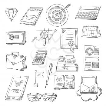 Business sketch icons of calculators, financial graph and report, safe, target with arrow and briefcase, diamond, calendar and email, tablet pc and diploma, flag, pen, glasses and cash register