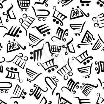 Black and white pattern of shopping carts for season of sales and retail themes design with seamless background of supermarket trolleys symbols in flowing lines