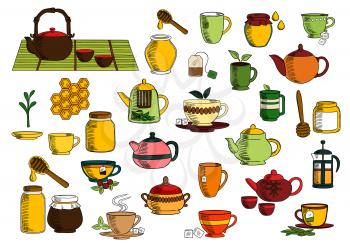 Tea beverages sketches of ceramic and glass teapot, chinese tea set, cup and mug with green leaves of tea and mint, sugar, cranberry, tea bag, sugar bowl, jar of honey with dipper and comb