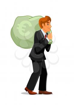 Rich and successful businessman is carrying a huge money bag with euro sign. Wealth, banker profession, financial success or bonus theme design usage