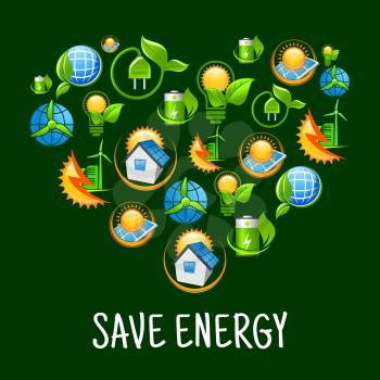 Green energy heart symbol with pattern of light bulbs with leaves, suns, solar panels and wind turbines, green plants with plugs, batteries and earth globes, smart houses and wind energy farms icons