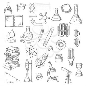 Science, education and laboratory experiments sketches with books, lab flasks and burners, microscope, notebook and hourglass, microchip, DNA, atom and water molecule, graduation cap, light bulb, pyth