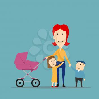 Happy family on walk. Cartoon cheerful smiling mother of three with children and newborn baby in a carriage walking outdoor