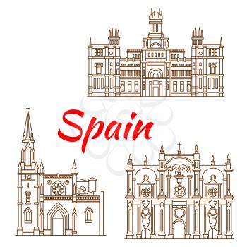 Symbolic monuments and architectural heritages of Spain with Cybele Palace in Madrid, Cathedral of St. James in Bilbao and Cathedral of Granada. Spanish travel landmarks thin line icons for travel gui