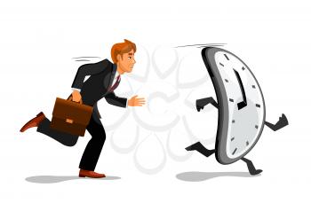 Excited businessman in suit with briefcase is running late for work. Manager chasing a clock, trying to outrun the time. Time management, deadline theme design