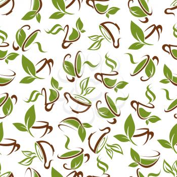 Fresh green tea beverages pattern with decorative seamless background of brown cups with aroma herbal tea drinks ornated by green leaves and stems. Use as cafe interior or food packaging design