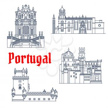 Portuguese architectural landmarks and tourist sights symbol with thin line Hieronymites Monastery and Tower of St Vincent, Pena Palace and Clerigos Church. Travel design