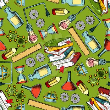 Seamless background of school supplies and laboratory equipment with pattern of book, pencil, ruler, idea light bulb, mechanical gear, hourglass, gas burner, flask and chemical structure of molecule