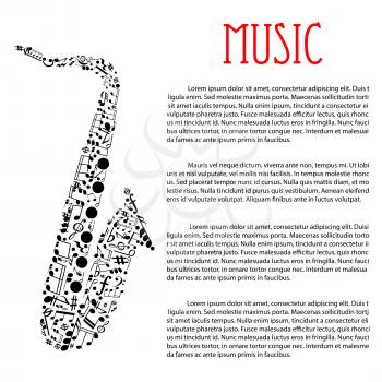 Jazz music festival or concert poster design template with abstract silhouette of saxophone composed of musical notes and chords, key signatures, treble and bass clefs. For music event promotion or fl