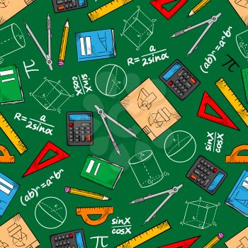 Colorful sketched math education pattern of seamless schoolbooks, pencils, rulers, calculators, drawings, protractors and compasses on green background with chalk formulas and geometric figures