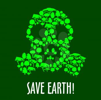 Gas mask symbol with green plants and trees. Save earth concept, ecology, air pollution and sustainable development themes design