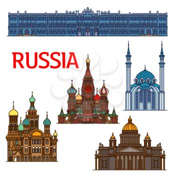 Famous travel landmarks of Russia linear icon of ornamental orthodox Cathedral of Vasily the Blessed and Church of the Savior on Spilled Blood, Saint IsaacCathedral, Winter Palace, Qolsharif Mosque