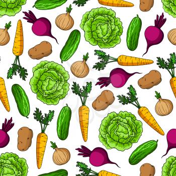 Green cabbage and cucumber, sweet carrot and beet, ripe onion and potato vegetables seamless pattern over white background. Agriculture and farm market themes design
