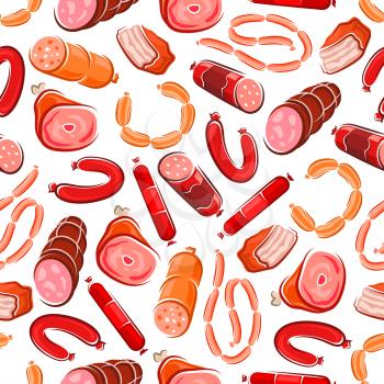 Meat products and sausages pattern with seamless background of salami, bologna, pepperoni and pork sausage with fat, bacon, baked and dry cured ham. Use as butcher shop food packaging design
