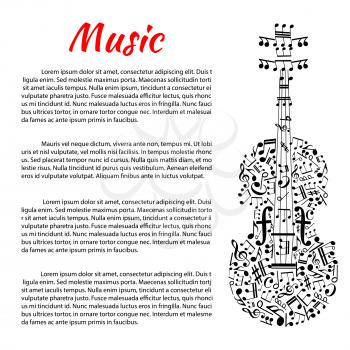 Classic music poster with violin silhouette created of musical notes, treble and bass clefs with strings in a shape of stave, tuning pegs as rests and sound posts as forte symbols. Music theme design