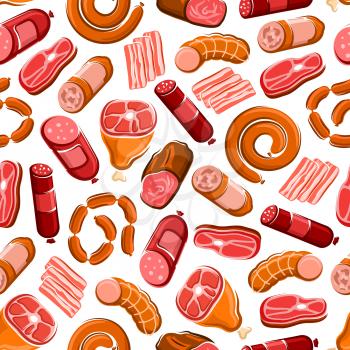 Meat products seamless pattern with fresh beef steak and dried tenderloin, bacon, ham leg, pepperoni, salami, smoked sausage and frankfurter over white background. Food design