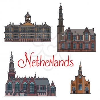 Famous architectural landmarks of Netherlands with thin line icons of the oldest church Oude Kerk, reformed church Westerkerk and Royal Palace in Amsterdam, Pilgrim Fathers Church in Rotterdam