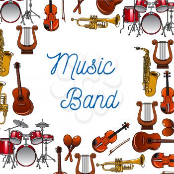 Musical instruments background of guitars, violins, drums, trumpets, saxophones, maracas and lyres with caption Music Band in the center. Use as music, entertainment and orchestra design
