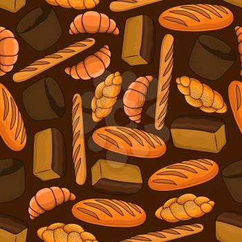 Fresh bread seamless pattern with loaves of dark rye and white bread, french croissant and baguette, braided bun with poppy seed on brown background. Bakery and pastry shop design