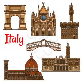 Italian historical travel sights icon with linear Florence Cathedral, Church of Santa Maria Maggiore, Siena Cathedral, Rialto Bridge, ancient Arch of Titus and Palazzo Vecchio