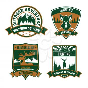 Hunting club emblems set. Wild animal deer, elk, boar, antlers, head, arrow silhouette vector icons. Hunt adventure icon with mountains, forest, wildlife for badge, t-shirt, outfit