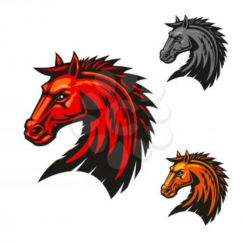 Horse stallion head icons. Stallion with red mane vector emblems. Bronco, mustang heraldic symbol for sport club, team shield, icon, badge, label, tattoo