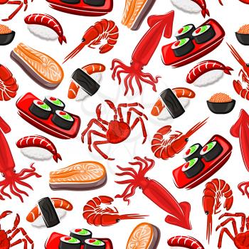 Seafood seamless pattern background. Vector flat icons of sushi, shrimp, squid, salmon, crab, rice, nori. Japanese oriental asian cuisine wallpaper for kitchen, restaurant menu