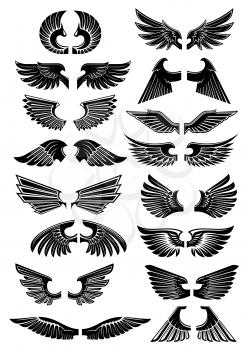 Wings heraldic icons. Birds and angel wings silhouette for tattoo, heraldry or tribal design. Vector gothic armor element
