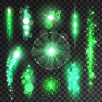 Set of vector glowing stars. Green glittering light lens flare sparkles on transparent background. Fireworks sparklers effect