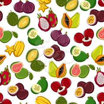 Exotic fruits seamless background. Wallpaper with pattern of tropical fruit icons papaya, durian, carambola, lychee, mangosteen, dragon fruit, guava, passion fruit, fig