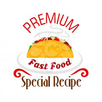 Tacos icon. Mexican fast food emblem for restaurant, eatery and menu, door signboard, poster, leaflet, flyer. Premium special recipe