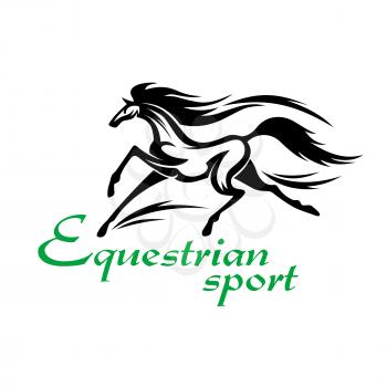 Equestrian sporting competition design element with black silhouette of racehorse at an impassioned gallop kicking up clouds of sand and dust behind hooves