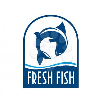 Fresh fish retro stylized symbol for seafood restaurant or fish market signboard design template with fish jumping out of the water