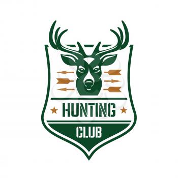 Hunting club heraldic badge design. For association of hunters or sporting club design with a head of a red deer stag pierced by arrows on a shield