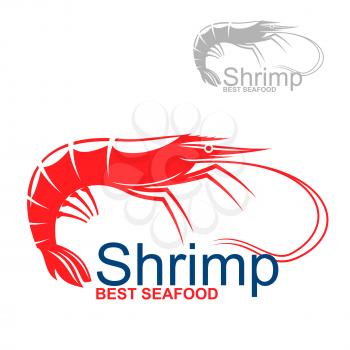 Wild- caught striped red shrimp icon. Use as seafood market emblem or sushi bar promotion design