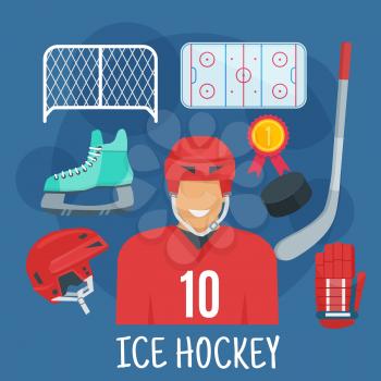 Ice hockey player in red uniform jersey and protective helmet flat symbol surrounded by stick, puck and glove, rink, skate, gate and golden medal. Winter sporting games theme or championship design